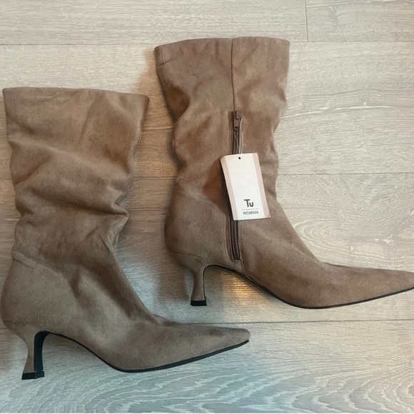 Chic Taupe Suede Heeled Boots - Picture 2 of 6
